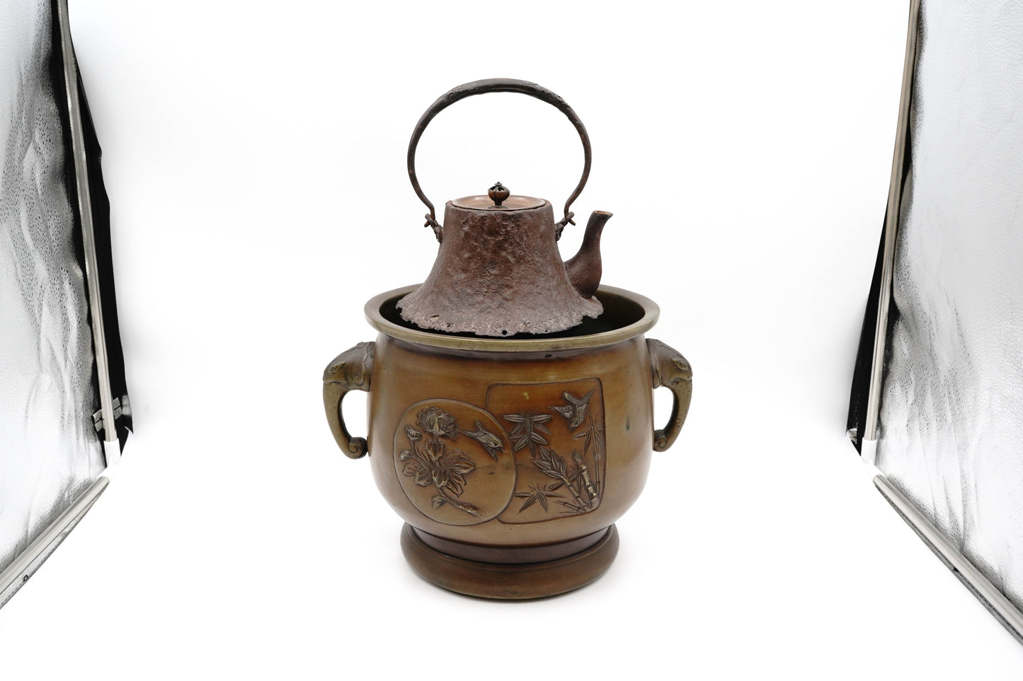 "Cast copper Flowers and Birds Engraved Metal Bottle Holder"""