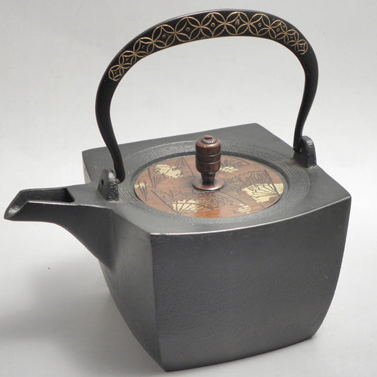 小鉄瓶 四方 D-1扇面 弦 黒七宝 (赤七宝）