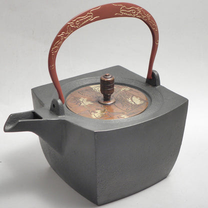 小鉄瓶　四方 D-1扇面 弦 黒龍（赤龍）