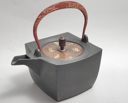 小鉄瓶　四方 D-1扇面 弦 黒龍（赤龍）