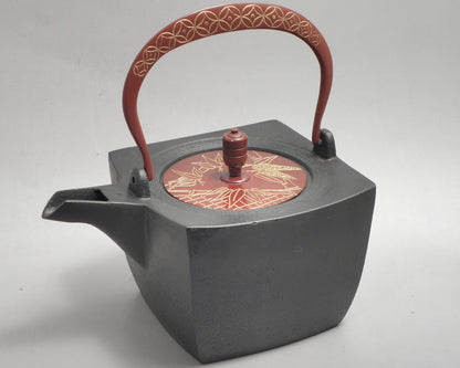 小鉄瓶　四方 D-2竹 弦 黒七宝（赤七宝）